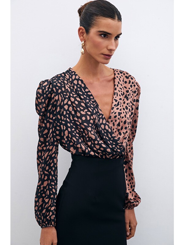 SATEEN Kruvaze Desenli Bodysuit - Siyah-Camel