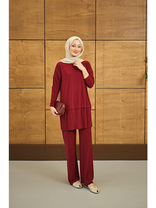 Locco Moda Kadın Alt Piliseli Bisiklet Yaka Takım Bordo