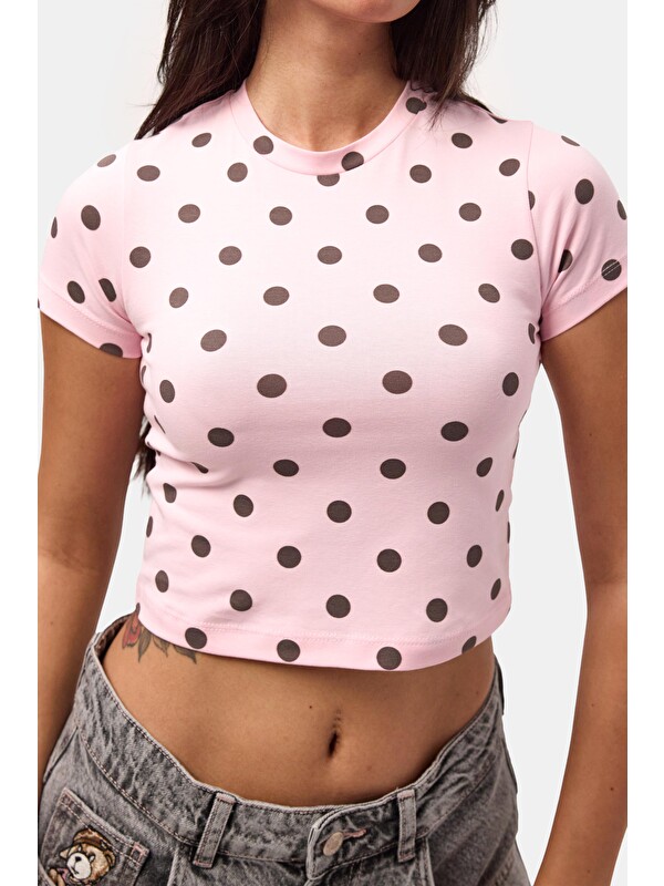 It's Basic Kadın Pembe Puantiyeli s6-98 Crop Fit T-Shirt