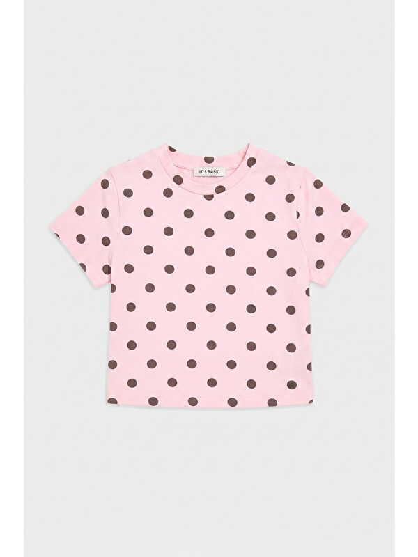 It's Basic Kadın Pembe Puantiyeli s6-98 Crop Fit T-Shirt