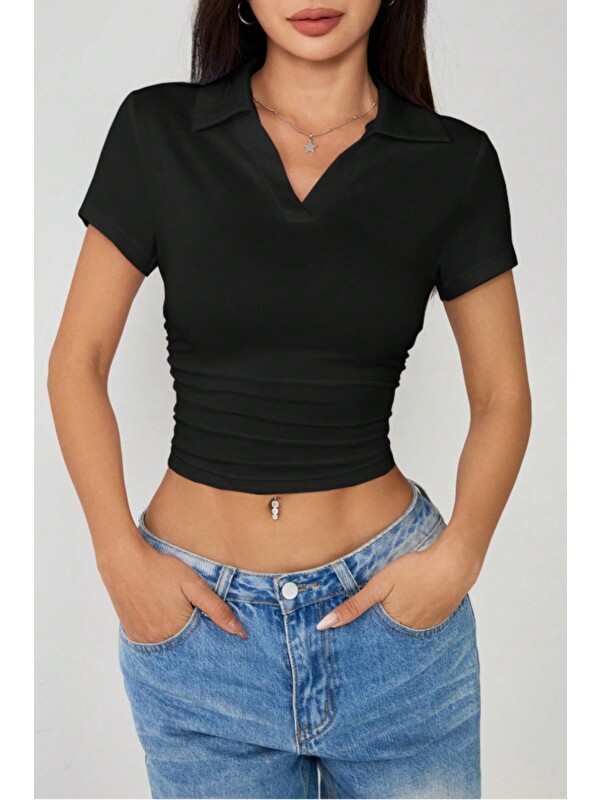 Tarz Cool Kadın Slim Polo Yaka Crop Esnek Kumaş Günlük Basic Tişört
