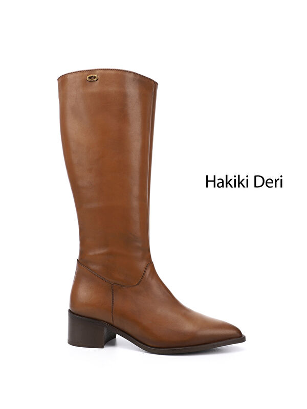 Gonderi(r) Kahverengi Gonderi(r) Sivri Burun Kadın Kalın Topuklu Hakiki Deri Çizme