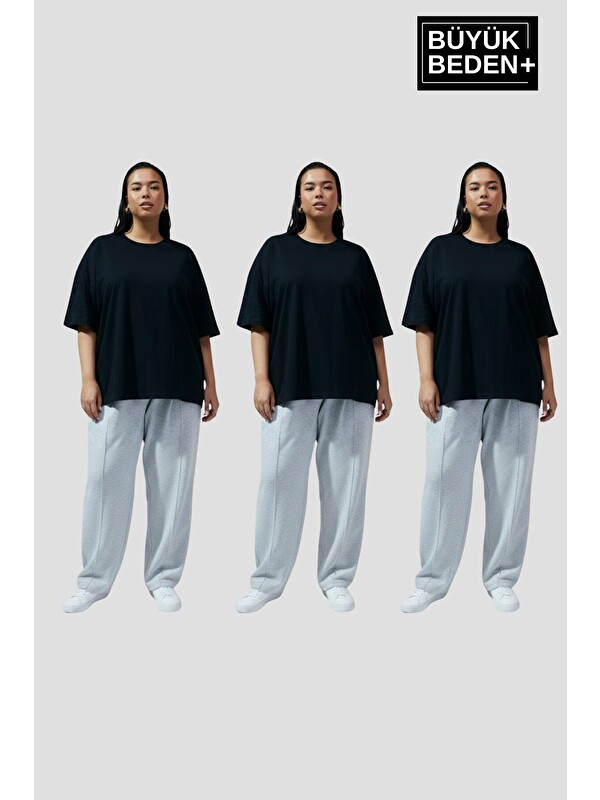 Süperlife Büyük Beden Kadın Basic 3XL-6XL Bisiklet Yaka 3'lü Tişört Seti SPR26BTSK510+3