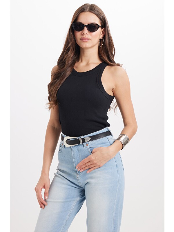 TUDORS Kadın Slim Fit Dar Kesim Pamuklu Askılı Bisiklet Yaka Siyah Crop Atlet