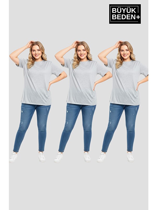 Süperlife Büyük Beden Kadın Basic 3XL-6XL Bisiklet Yaka 3'lü Tişört Seti SPR26BTSK510+3
