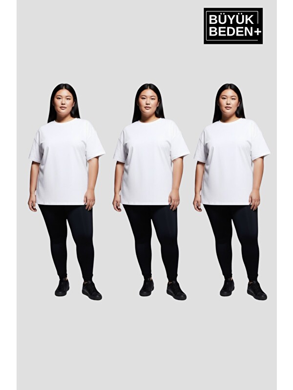 Süperlife Büyük Beden Kadın Basic 3XL-6XL Bisiklet Yaka 3'lü Tişört Seti SPR26BTSK510+3