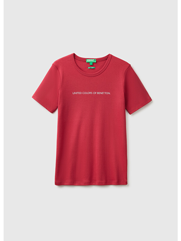 United Colors Of Benetton Kadın Bordo %100 Pamuk Logo Baskılı Bisiklet Yaka T-Shirt