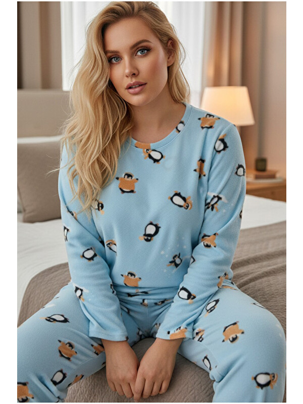 Siyah İnci mavi penguen desenli Büyük Beden Polar Kışlık Örme Pijama Takım
