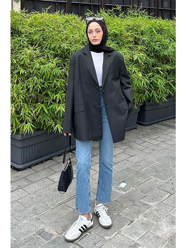 Lamelif Çizgili Blazer Ceket Siyah