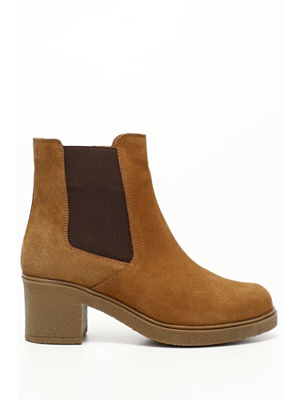 Kadın TABA KAHVE MEL. Fermuarlı Kalın Topuklu Hakiki Deri Chelsea Bot - Görsel 2