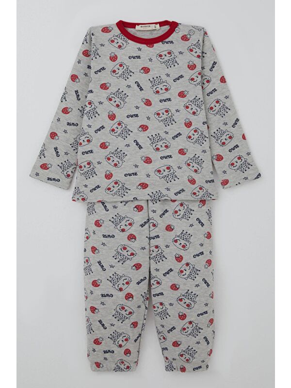Breeze Kız Bebek Pijama Takımı Sevimli Kraliçe Desenli Çilekli Açık Gri Melanj (9 Ay-3 Yaş)