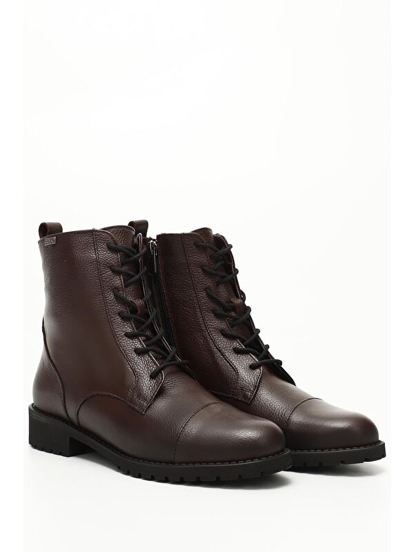 KOYU BORDO Hakiki Deri Kauçuk Taban Topuklu Fermuarlı Bağcıklı Kadın Postal Bot 46498 - Görsel 3