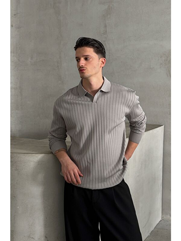 HYMAN Erkek Polo Yaka Fitilli Oversize Triko Kazak