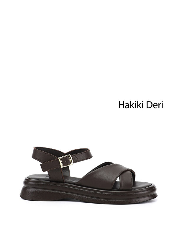 GÖNDERİ(R) Kadın TÜTÜN KAHVE Tokalı Bantlı Hakiki Deri Sandalet