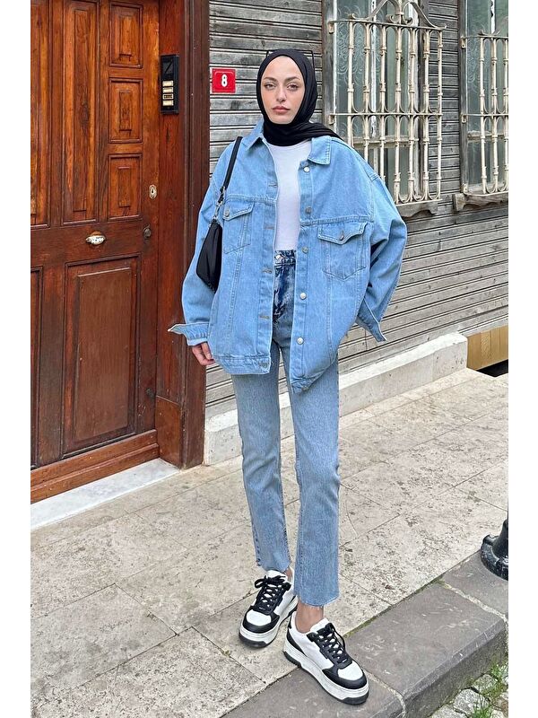 Lamelif Çift Cepli Oversize Ceket Buz Mavisi