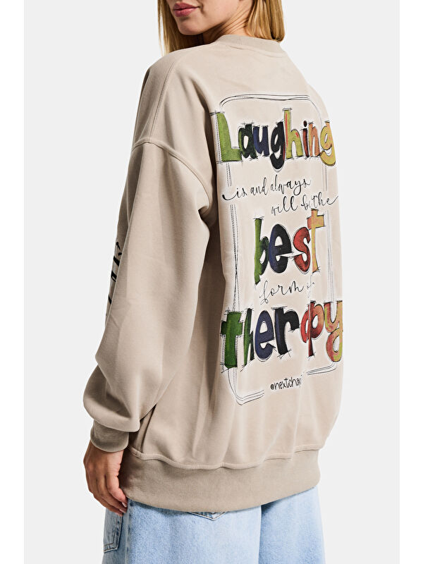 It's Basic Kadın Ekru Bej w5 Oversize Baskılı %100 Pamuk Organik Kumaş Sweatshirt