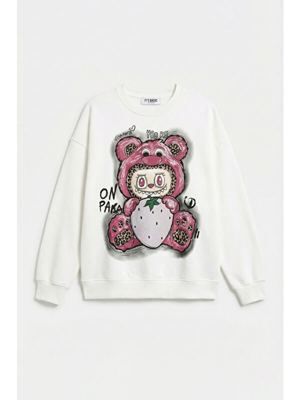 It's Basic Kadın Beyaz w5 Oversize Baskılı %100 Pamuk Organik Kumaş Sweatshirt