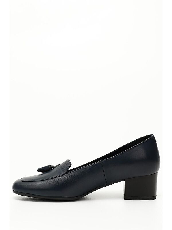 KOYU LACİVERT Hakiki Deri Küt Burun Kısa Kalın Topuklu Püsküllü Kadın Ayakkabı 13313 - Görsel 5