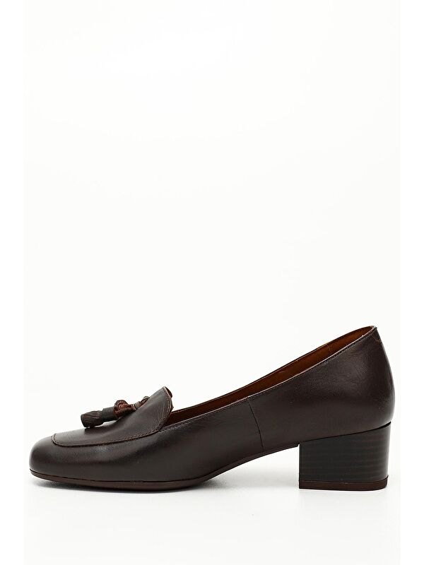KOYU KAHVE Hakiki Deri Küt Burun Kısa Kalın Topuklu Püsküllü Kadın Ayakkabı 13313 - Görsel 5