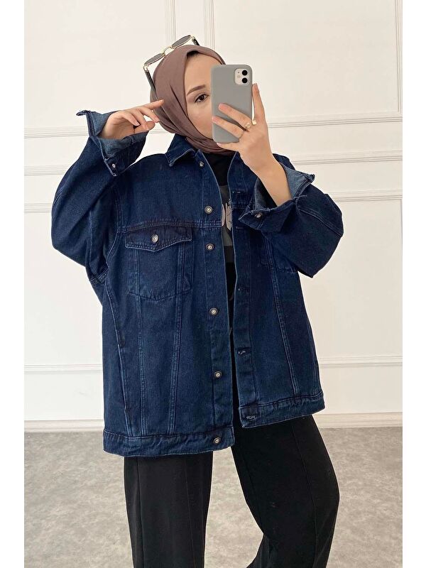 Lamelif Çift Cepli Oversize Ceket Koyu Mavi