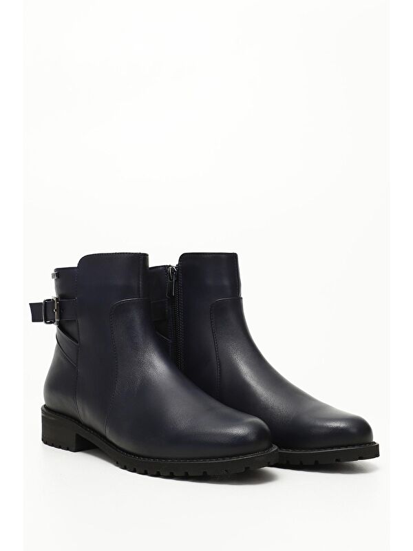 KOYU LACİVERT Hakiki Deri Yuvarlak Burun Kauçuk Taban Topuklu Fermuarlı Kadın Günlük Bot 46460 - Görsel 3