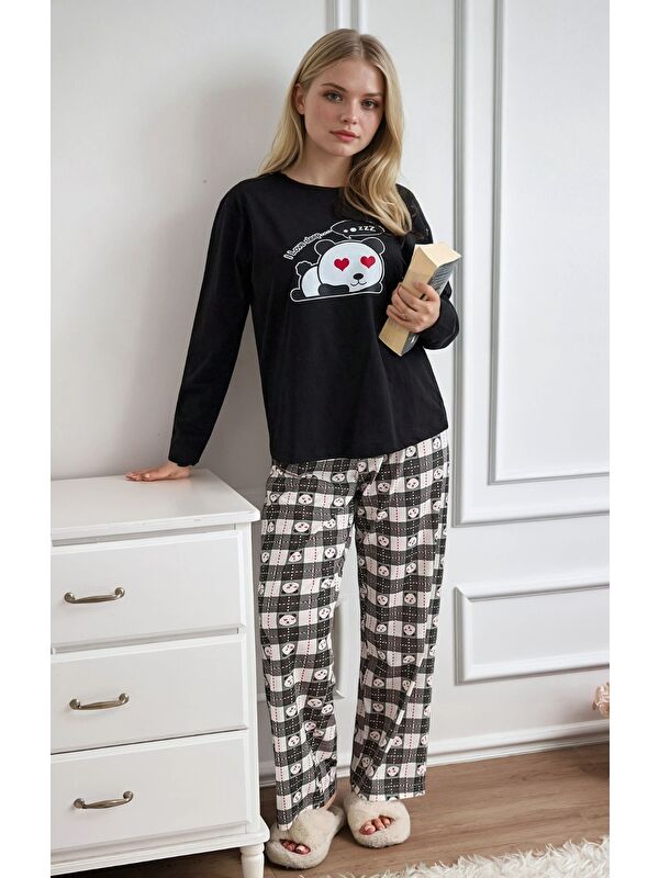 carla10 Siyah Panda Baskılı Uzun Kollu Pijama Takımı
