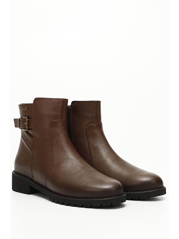 KIZIL KAHVERENGİ Hakiki Deri Yuvarlak Burun Kauçuk Taban Topuklu Fermuarlı Kadın Günlük Bot 46460 - Görsel 3