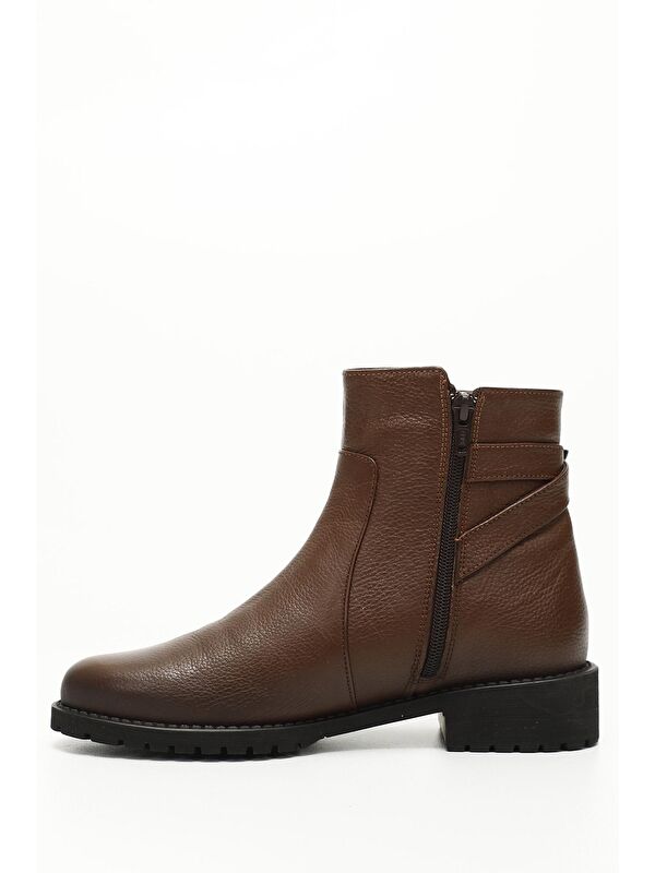 KIZIL KAHVERENGİ Hakiki Deri Yuvarlak Burun Kauçuk Taban Topuklu Fermuarlı Kadın Günlük Bot 46460 - Görsel 4