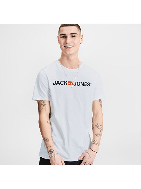 Jack & Jones Corp Logo Crew Neck Erkek Beyaz Bisiklet Yaka Spor Tişört
