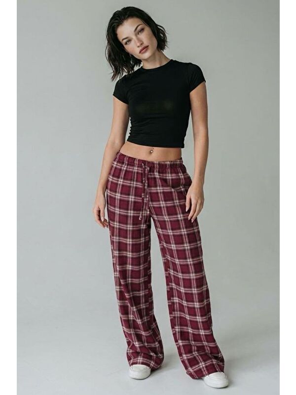 Madmext Bordo Lastikli Bel Geniş Paça Ekose Pantolon Mg2658