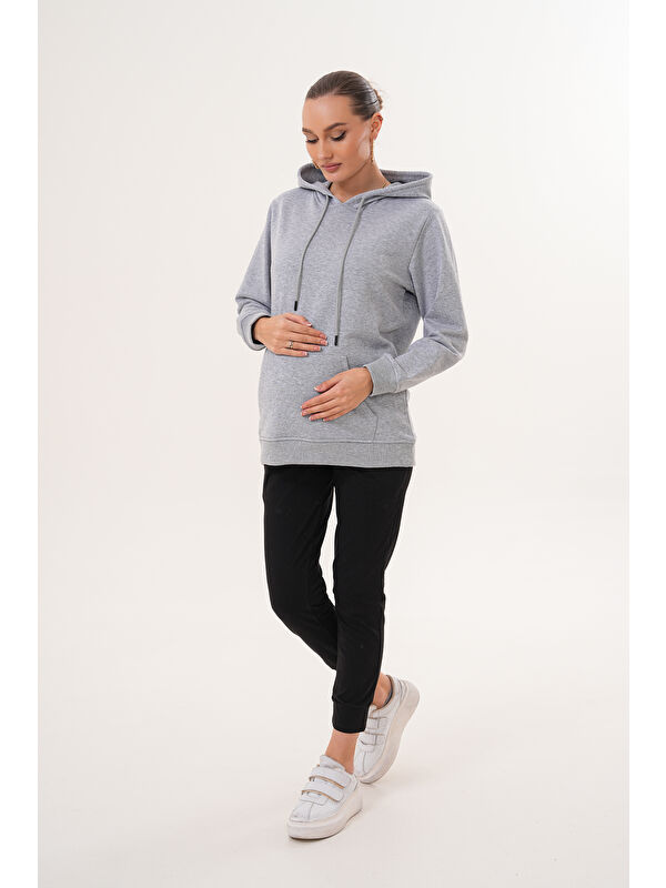 MİSS DÜNYA LİSSA %100 Pamuk Hamile ve Lohusa Basic Kapüşonlu Sweatshirt