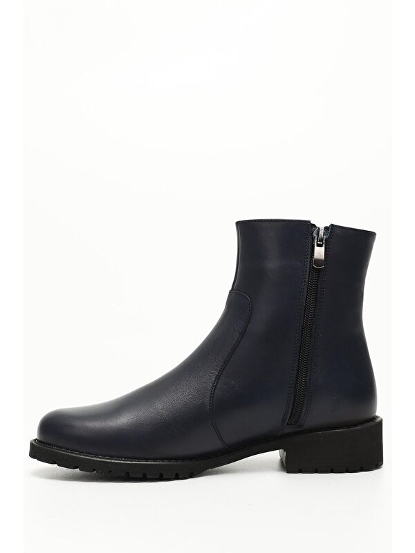 KOYU LACİVERT Hakiki Deri Yuvarlak Burun Topuklu Kauçuk Taban Fermuarlı Kadın Günlük Bot 47408 - Görsel 4