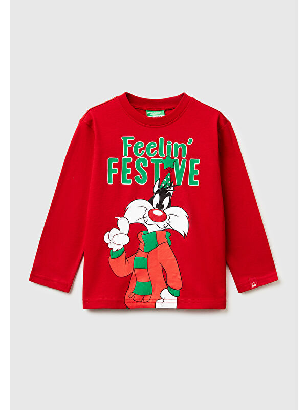 United Colors Of Benetton Erkek Çocuk Kırmızı Tazmanya Baskılı Logo Etiketli Jarse Oversize Uzun Kollu T-shirt