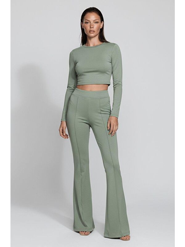 Madmext Mint Yeşili Yüksek Bel Flare Paça Günlük Kadın Pantolon Mg2645