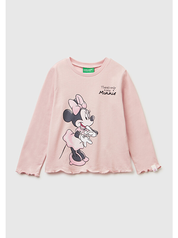 United Colors Of Benetton Kız Çocuk Toz Pembe Önü Baskılı Kol Ucu Etiket Detaylı Uzun Kollu T-shirt