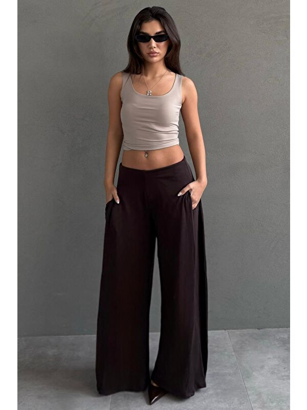 Madmext Kahverengi Yumuşak Dokunuşlu, Yanları Pilili, Modal İçeren Geniş Paça Pantolon Mg2668