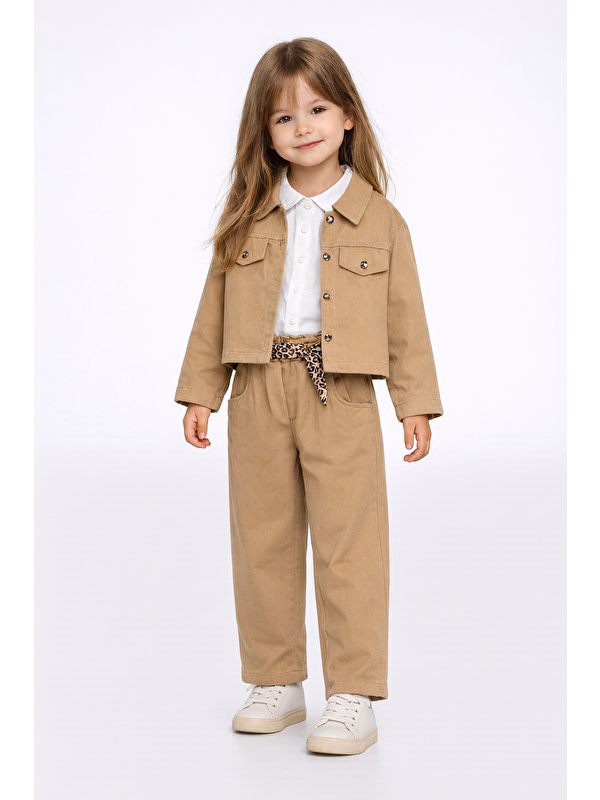 Harika Kids Kız Çocuk Gabardin Ceketli Takım – Düğmeli Dokuma Gömlekli, Beli Lastikli Kemerli Pantolon 2-5 Yaş