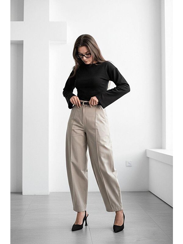 Madmext Haki Modern Kesim Kemerli Yüksek Bel Bol Paça Kumaş Pantolon Mg2618