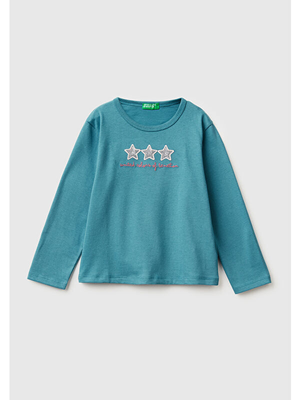 United Colors Of Benetton Kız Çocuk Petrol Mavisi Baskılı Payetli Regular Fit Uzun Kollu T-shirt