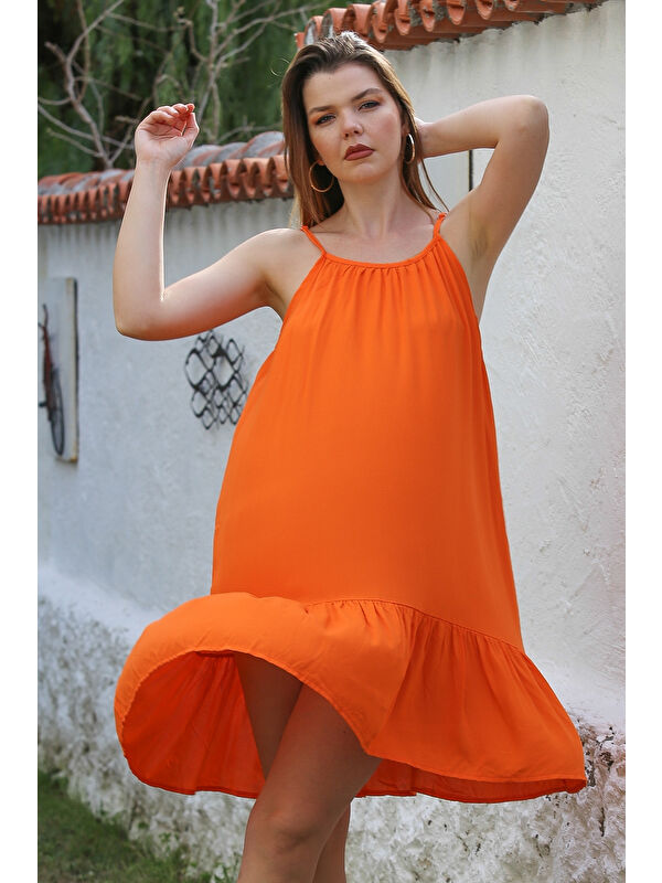 Chiccy Turuncu Eteği Fırfırlı Ayarlanabilir Askılı Casual Viskon Dokuma Elbise 105 66