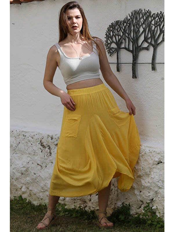 Chiccy Sarı Cepli İnce Astarlı Çift Katlı Lastikli Bel Casual Dokuma Etek 90 60