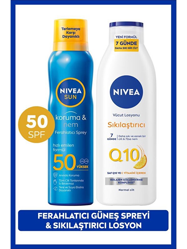 NIVEA SUN SPF50 Güneş Koruyucu Ferahlatıcı Sprey 200ml ve Q10 7 Günde Sıkılaştırıcı Vücut Losyonu 250ml