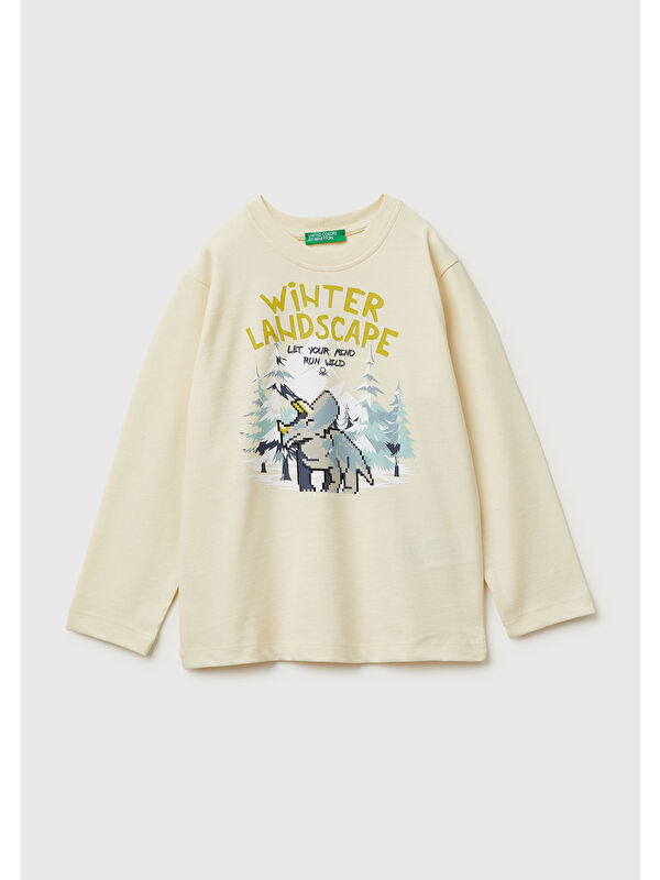 United Colors Of Benetton Erkek Çocuk Krem Baskılı Bisiklet Yaka Jarse Uzun Kollu T-shirt