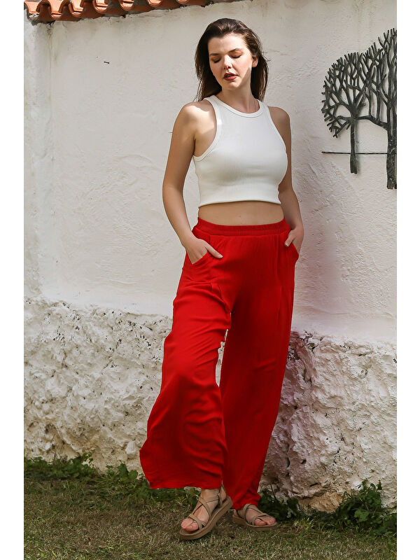 Chiccy Kırmızı Cepli İnce Astarlı Çift Katlı Pileli Lastikli Bel Casual Dokuma Pantolon 108 60