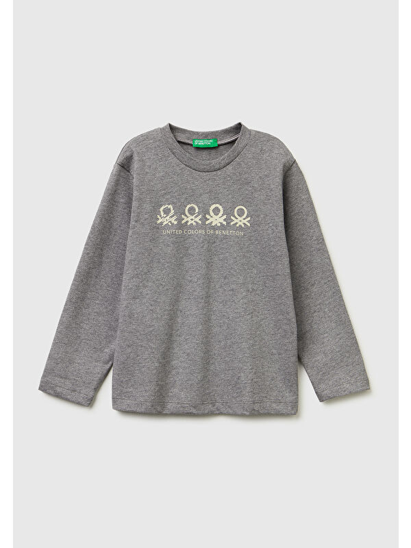 United Colors Of Benetton Erkek Çocuk Antrasit Melanj Önü Logo Baskılı Jarse Uzun Kollu T-shirt