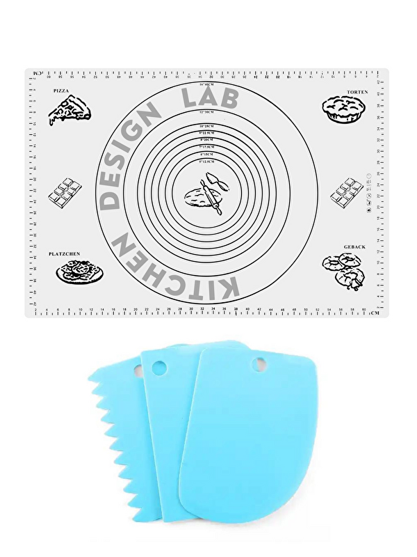 Kitchen Design Lab 2'li Set Beyaz 45x65 Cm Silikon Hamur Açma Matı Ve Hamur Şekillendirme Seti 3’lü