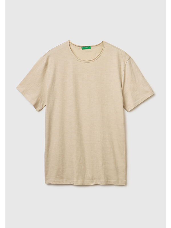 United Colors Of Benetton Erkek Taş  %100 Pamuk Regular Fit Bisiklet Yaka T-Shirt
