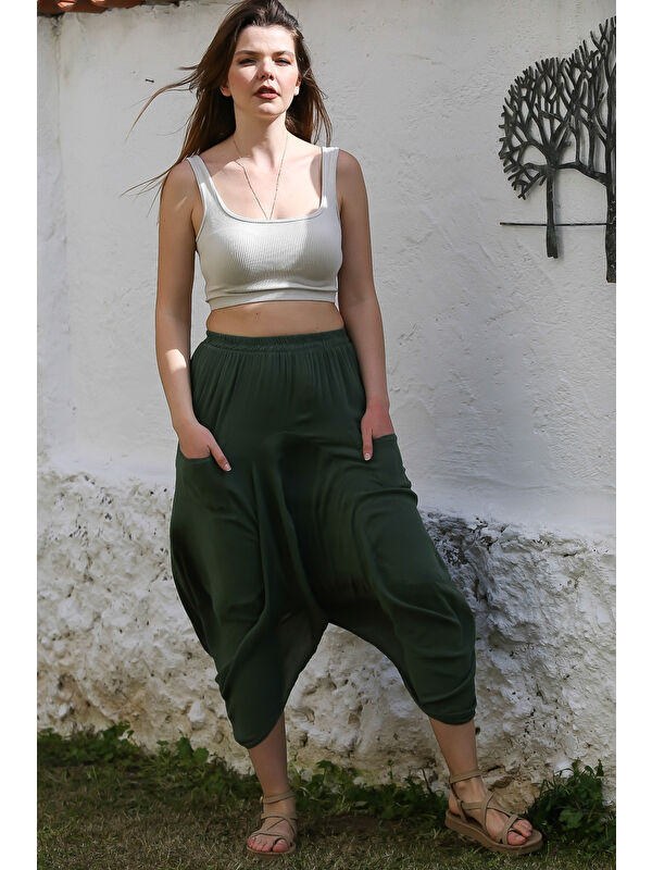 Chiccy Koyu Yeşil Cepli İnce Astarlı Çift Katlı Lastikli Bel Casual Dokuma Etek 90 60