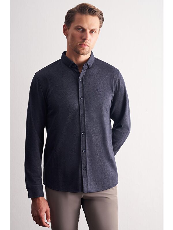 İMZA Koyu Lacivert Smart Düğmeli Yaka Uzun Kol Cepsiz Slim Fit Casual Gömlek 1004255171