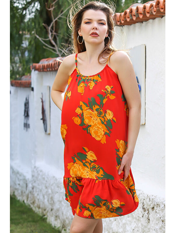 Chiccy Turuncu Eteği Fırfırlı Ayarlanabilir Askılı Allover Baskılı Casual Viskon Dokuma Elbise 105 66
